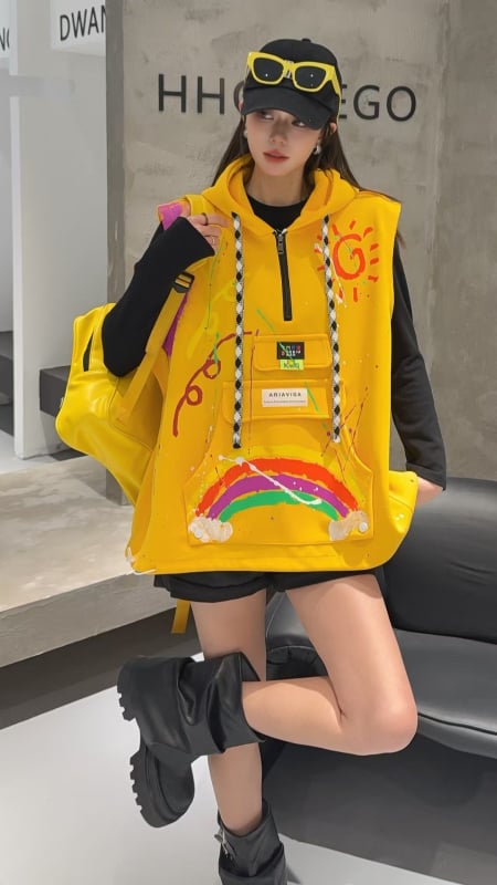 Vesta cu glugă în straturi pentru femei, croi liber, țesătură din bumbac, imprimeu curcubeu, lungime medie