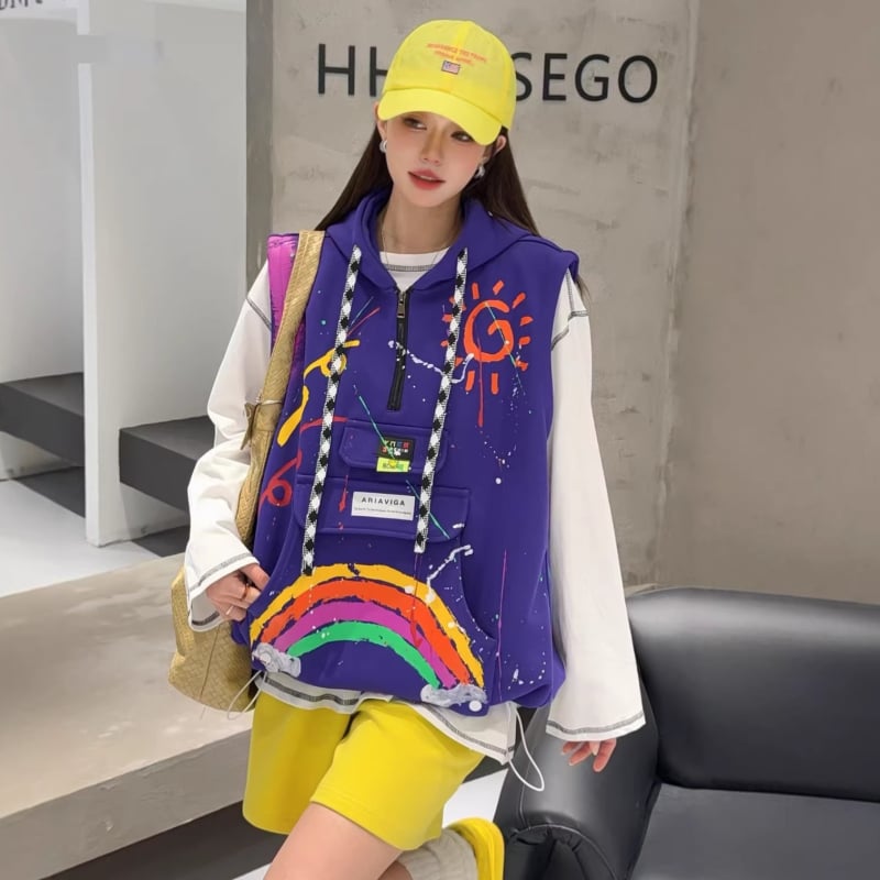 Vesta cu glugă în straturi pentru femei, croi liber, țesătură din bumbac, imprimeu curcubeu, lungime medie