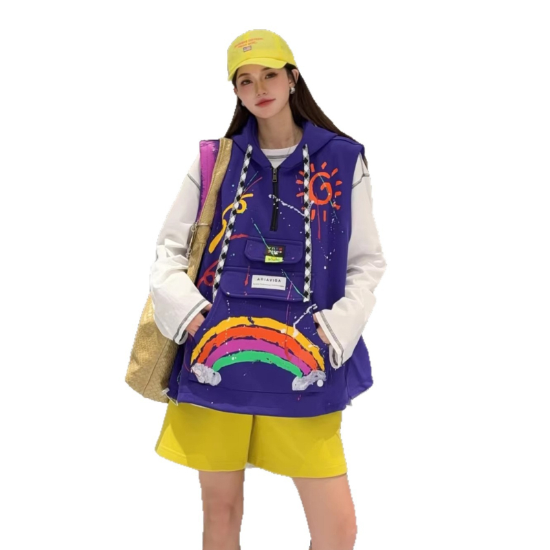 Vesta cu glugă în straturi pentru femei, croi liber, țesătură din bumbac, imprimeu curcubeu, lungime medie