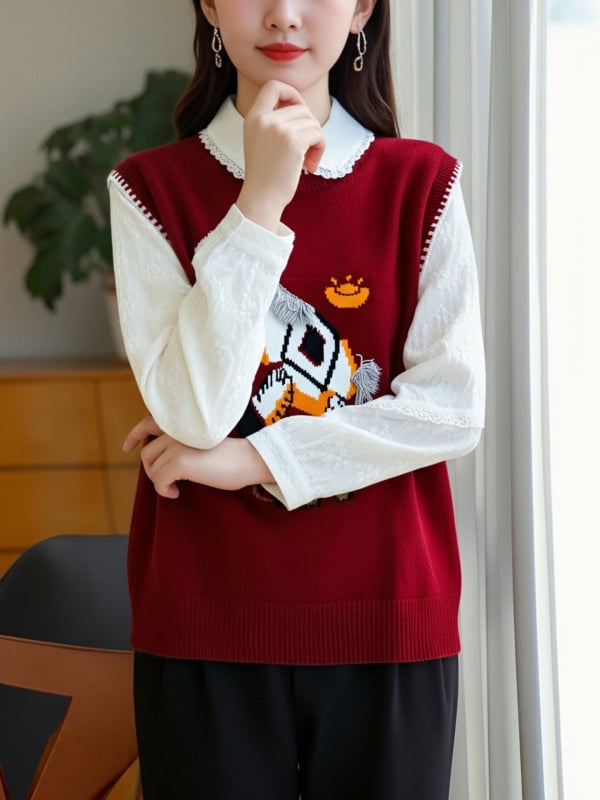 Vesta tricot jacquard pentru femei — guler rotund, material nailon, imprimeu animal, lungime regulată 50–65 cm