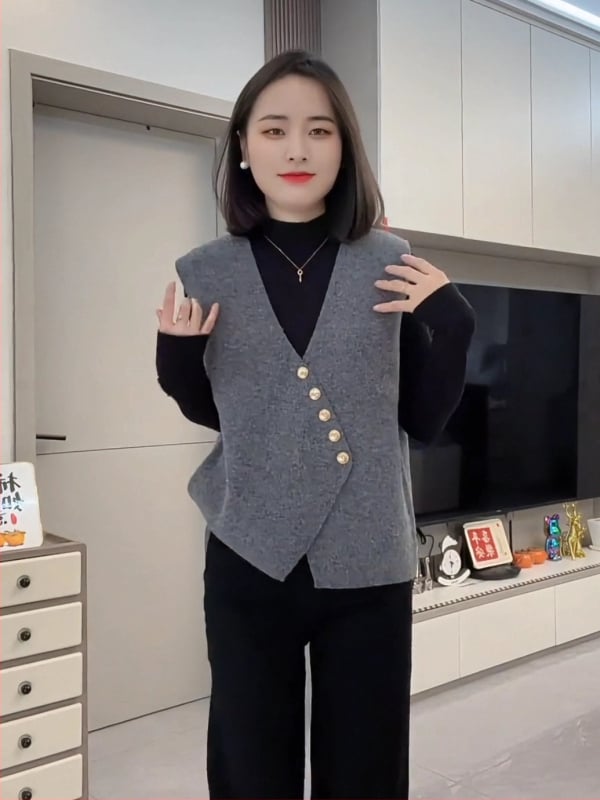 Vestă tricotată pentru femei cu decolteu în V, stil stratificat, toamnă-iarnă, croială slim, material acrilic, umplutură poliester