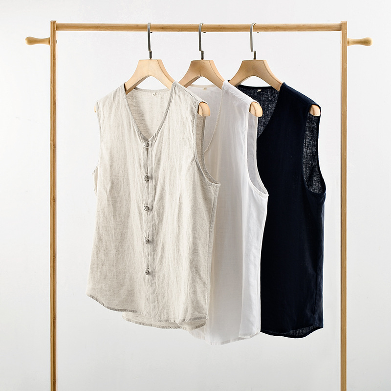 Férfi lenvért retro csattal, kerek nyakkal, laza szabású, elöl egyrészes gombos záródás.