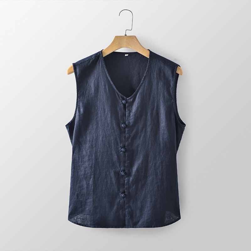 Férfi lenvért retro csattal, kerek nyakkal, laza szabású, elöl egyrészes gombos záródás.