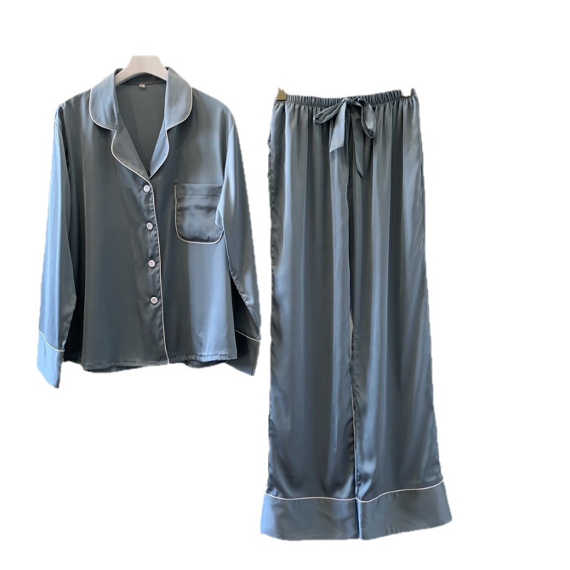 Ženski set pidžama od umjetne svile – kardigan-stil, dugi rukavi, kućna odjeća (umjetna svila; 95% poliester; 161–180 g/m²; dugi rukavi; hlače)