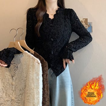 Top de damă cu decolteu în V, dantelă, mâneci clopot, căptușeală fleece din poliester, lungime 50–65 cm