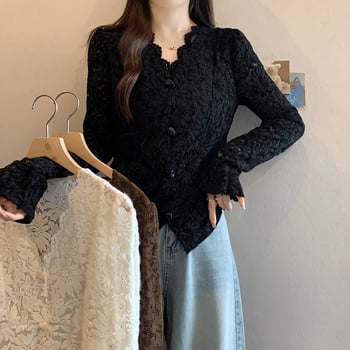 Top de damă cu decolteu în V, dantelă, mâneci clopot, căptușeală fleece din poliester, lungime 50–65 cm