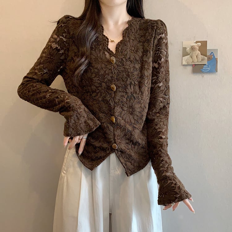 Top de damă cu decolteu în V, dantelă, mâneci clopot, căptușeală fleece din poliester, lungime 50–65 cm