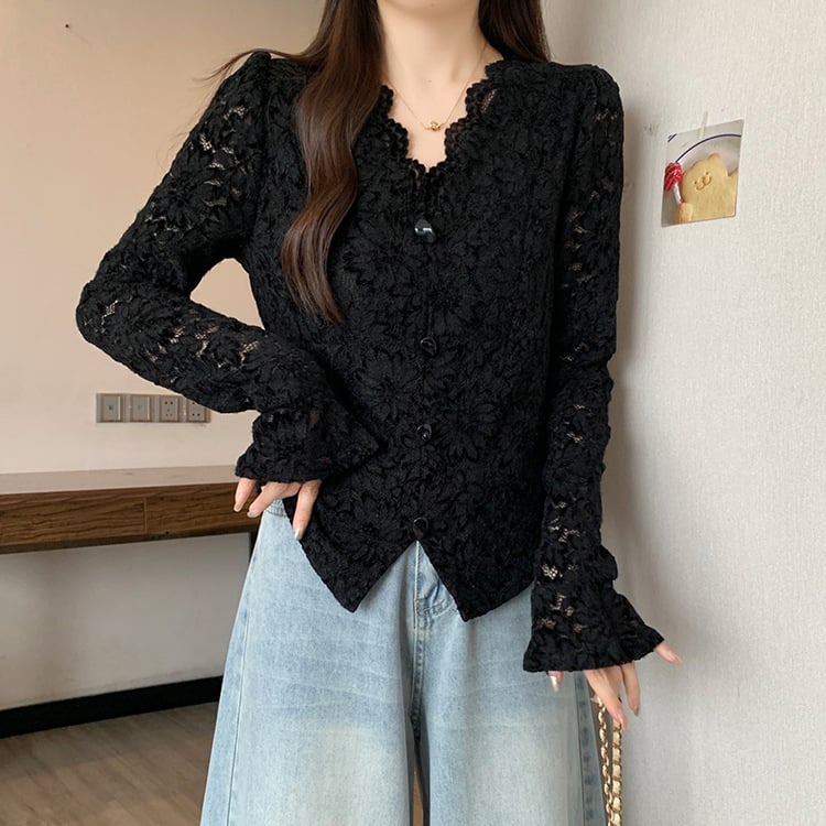 Top de damă cu decolteu în V, dantelă, mâneci clopot, căptușeală fleece din poliester, lungime 50–65 cm