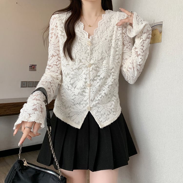 Top de damă cu decolteu în V, dantelă, mâneci clopot, căptușeală fleece din poliester, lungime 50–65 cm