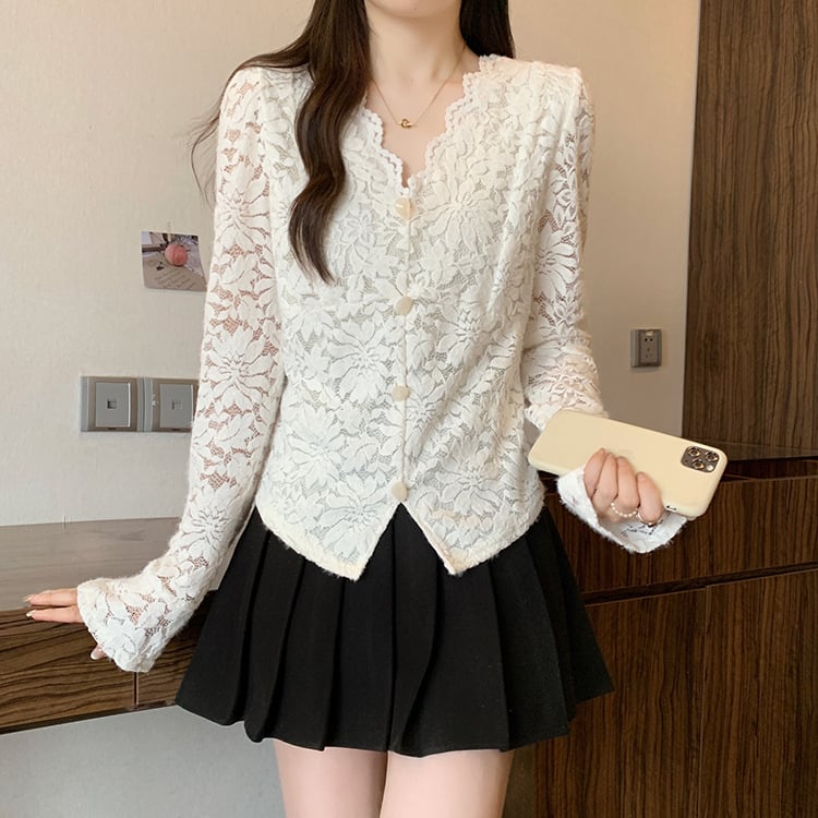 Top de damă cu decolteu în V, dantelă, mâneci clopot, căptușeală fleece din poliester, lungime 50–65 cm