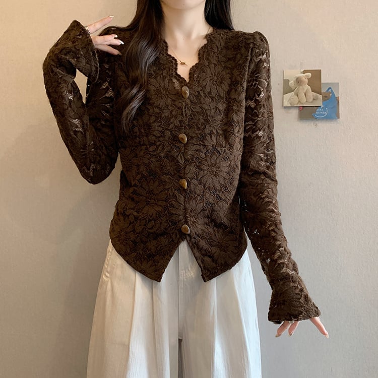 Top de damă cu decolteu în V, dantelă, mâneci clopot, căptușeală fleece din poliester, lungime 50–65 cm