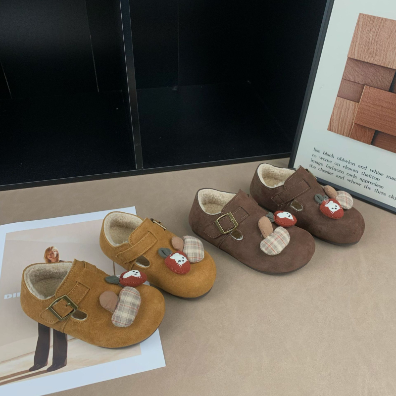 Dječje cipele u stilu Birkenstock s plišastom unutrašnjom podstavom, Velcro kopčom, gumom protiv klizanja potplatom, zimski dizajn s crtić uzorkom