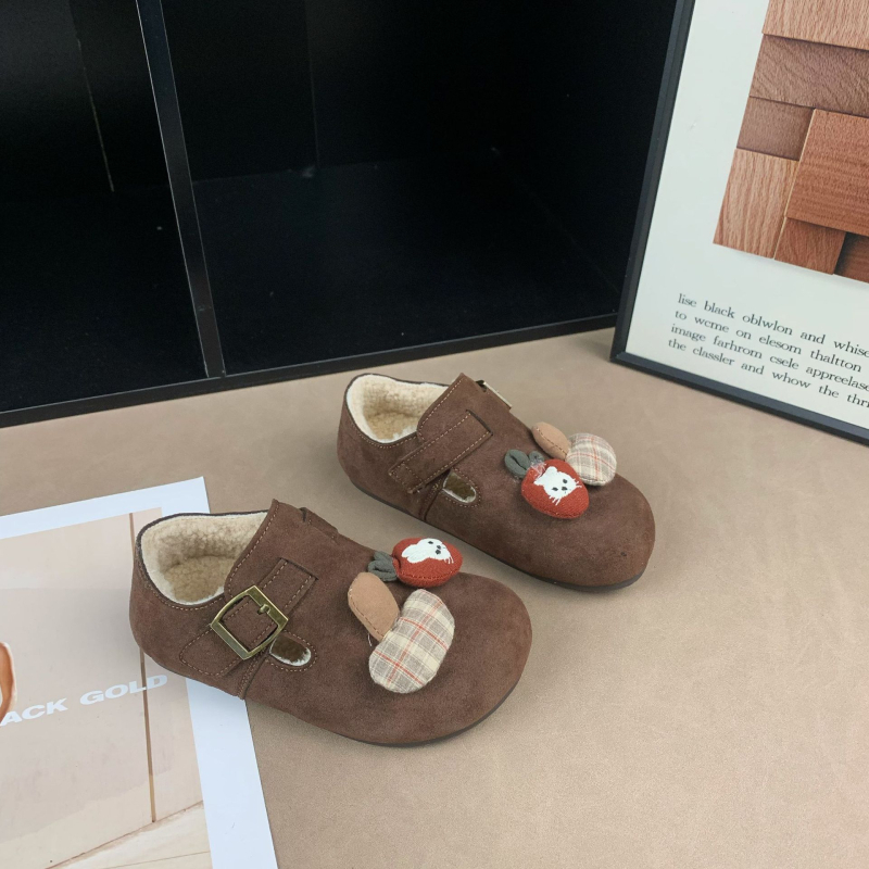 Dječje cipele u stilu Birkenstock s plišastom unutrašnjom podstavom, Velcro kopčom, gumom protiv klizanja potplatom, zimski dizajn s crtić uzorkom