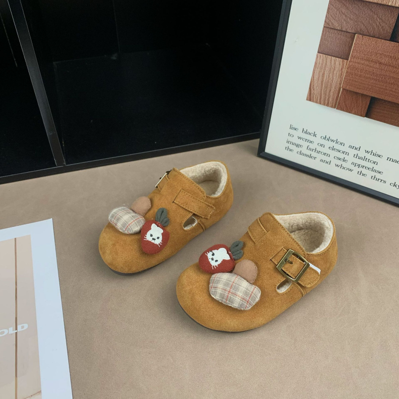 Dječje cipele u stilu Birkenstock s plišastom unutrašnjom podstavom, Velcro kopčom, gumom protiv klizanja potplatom, zimski dizajn s crtić uzorkom