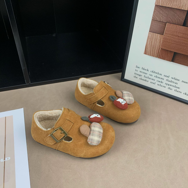 Dječje cipele u stilu Birkenstock s plišastom unutrašnjom podstavom, Velcro kopčom, gumom protiv klizanja potplatom, zimski dizajn s crtić uzorkom