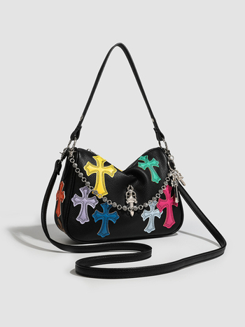 PU bőr vödör táska Lychee textúrával, utcai stílus, vízszintes négyszögletes forma, cipzáras zseb