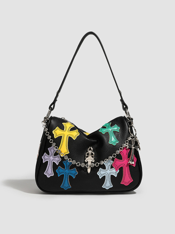 PU bőr vödör táska Lychee textúrával, utcai stílus, vízszintes négyszögletes forma, cipzáras zseb