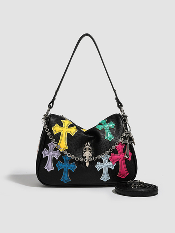 PU bőr vödör táska Lychee textúrával, utcai stílus, vízszintes négyszögletes forma, cipzáras zseb