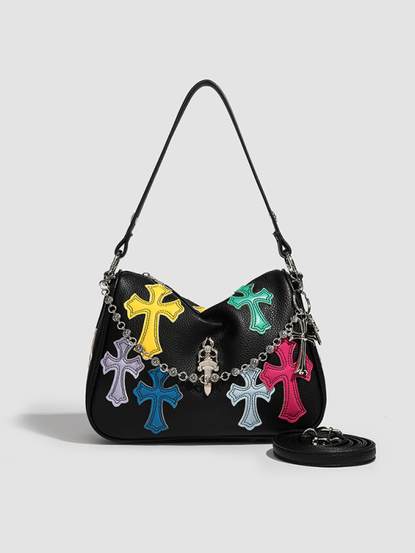 PU bőr vödör táska Lychee textúrával, utcai stílus, vízszintes négyszögletes forma, cipzáras zseb