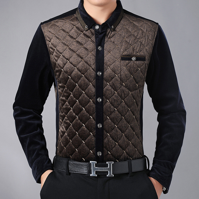 Muški debeli termalni kardigan s stojećim ovratnikom, karirani jacquard pleteni, pamuk s 75% elastana, uski kroj