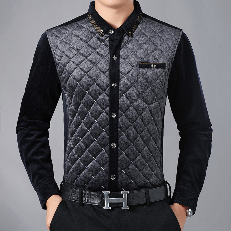 Muški debeli termalni kardigan s stojećim ovratnikom, karirani jacquard pleteni, pamuk s 75% elastana, uski kroj