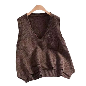 Vesta tricotată pentru femei, decolteu în V, buzunare, croială lejeră, textură 3D, lungime 50–65 cm