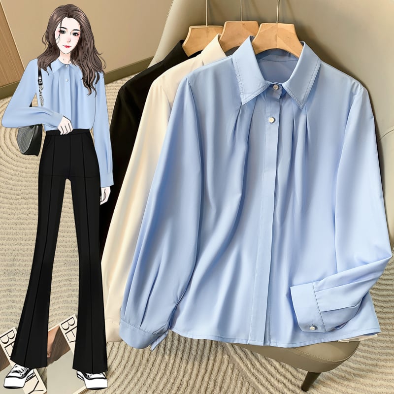 Női póló galléros ing, gyűrődésálló formális felső, hosszú ujjú, elasztán keverék