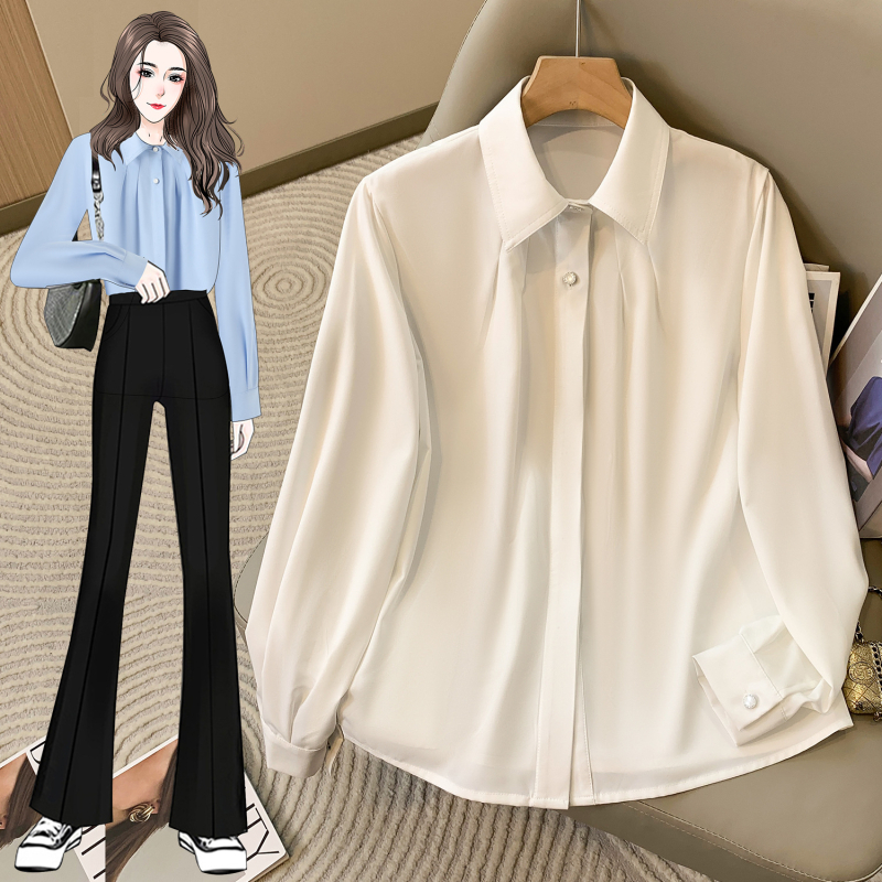 Női póló galléros ing, gyűrődésálló formális felső, hosszú ujjú, elasztán keverék