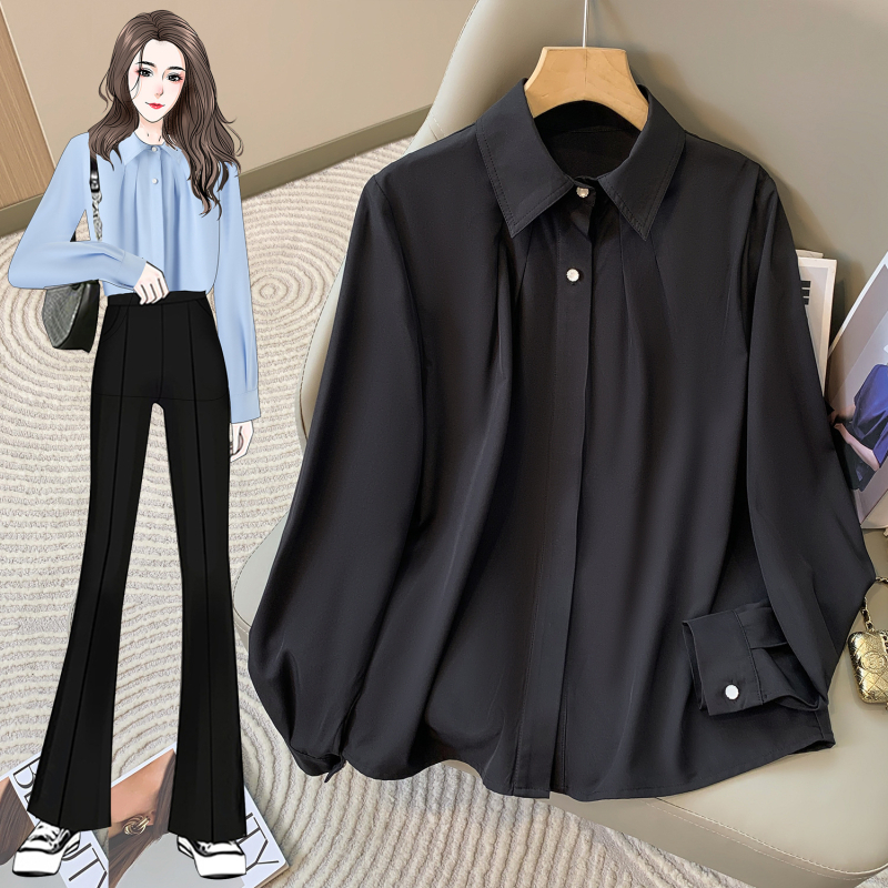 Női póló galléros ing, gyűrődésálló formális felső, hosszú ujjú, elasztán keverék