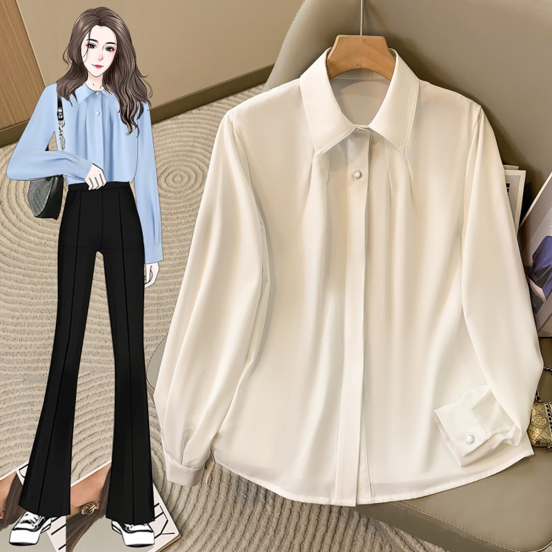 Női póló galléros ing, gyűrődésálló formális felső, hosszú ujjú, elasztán keverék