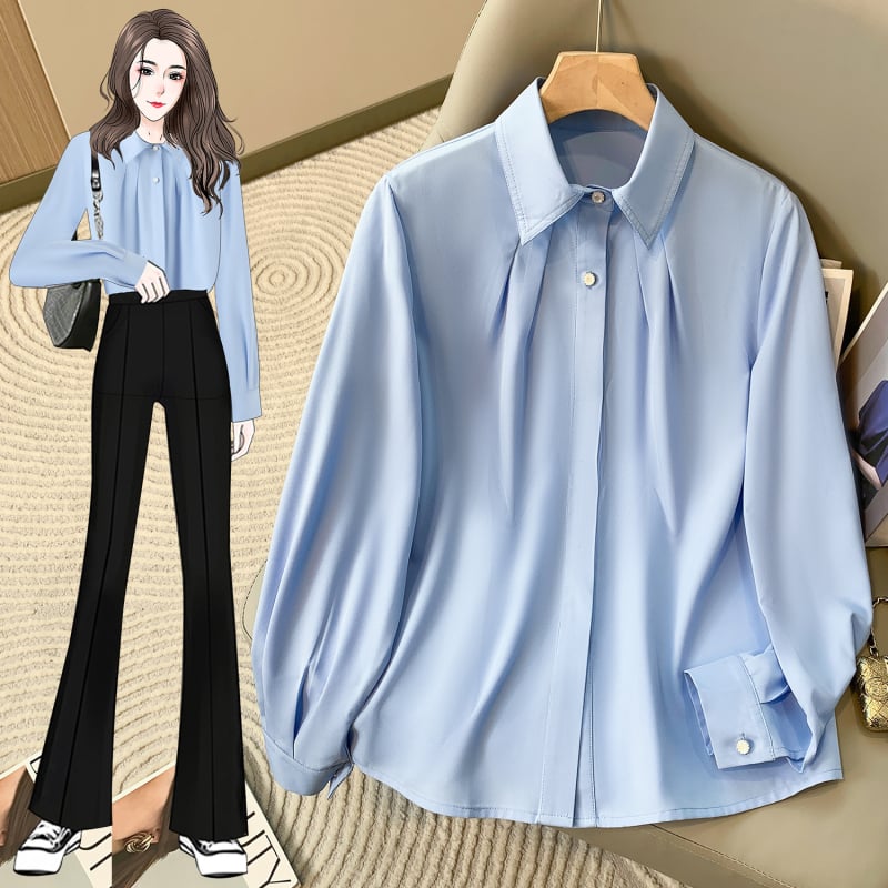 Női póló galléros ing, gyűrődésálló formális felső, hosszú ujjú, elasztán keverék