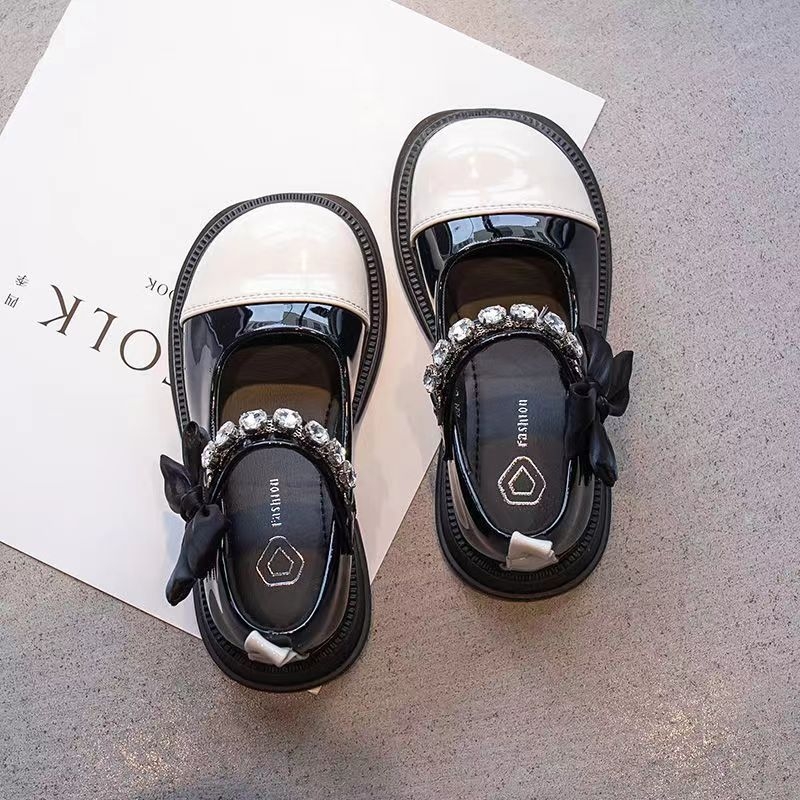 Koreai stílusú lányos bőrcipő masnival, PU felsőrész, gumitalp, Velcro-zárás, légáteresztő