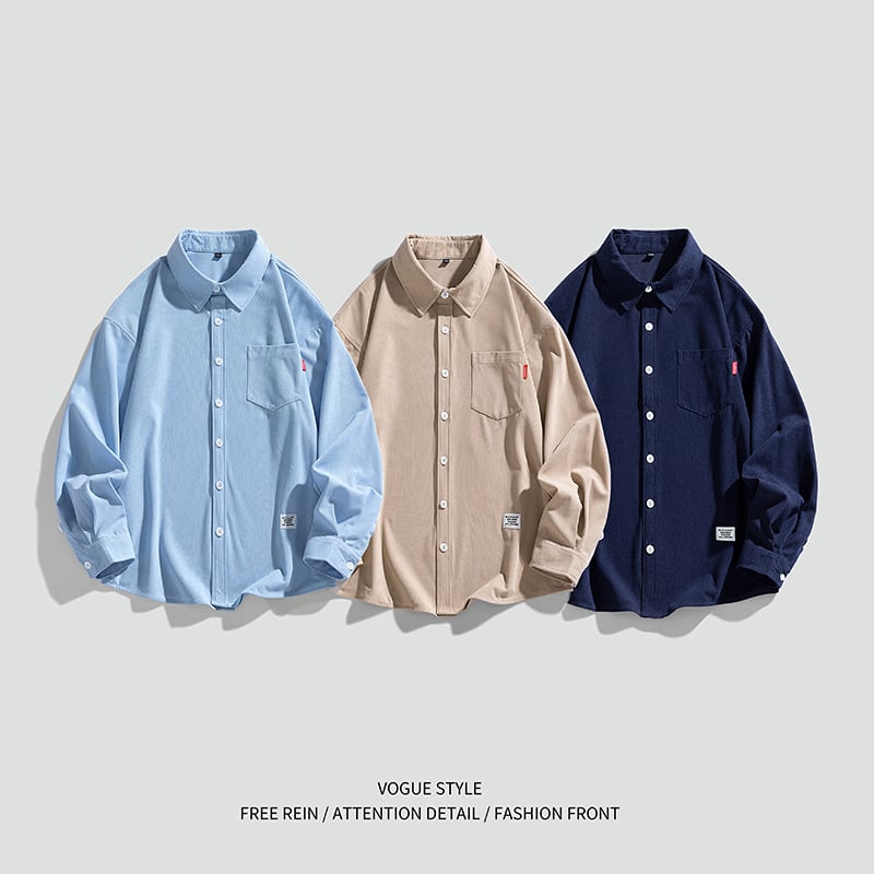 Muška košulja od korduroja - dugi rukav, rever, bez glačanja, džep, proljeće 2025, poliester 96%+