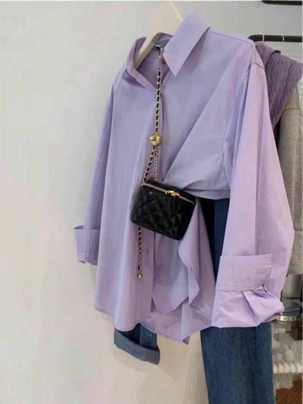 Ženska pamučna košulja s dugim rukavima, udoban kroj, francuski stil, jednobojni uzorak, za proljeće i jesen