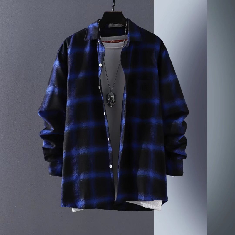 Muška košulja s dugim rukavima, karirani uzorak, korejski stil, opuštenog kroja, poliester vlakno, pogodno za četiri godišnja doba