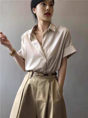 Košula s kratkim rukavima od poliestera, V-izrez, pulover stil, ležerni japansko-korejski stil