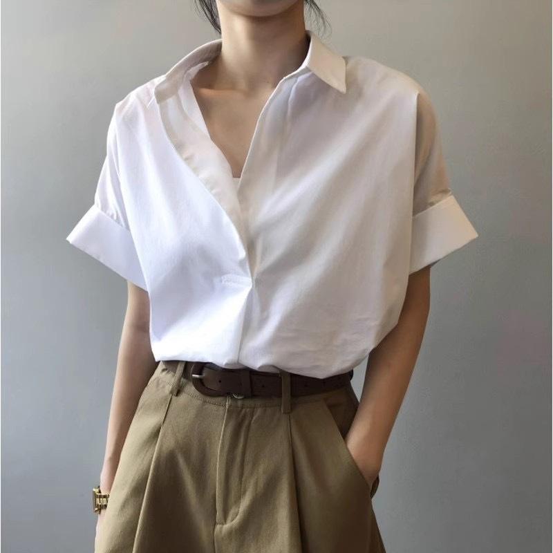 Košula s kratkim rukavima od poliestera, V-izrez, pulover stil, ležerni japansko-korejski stil