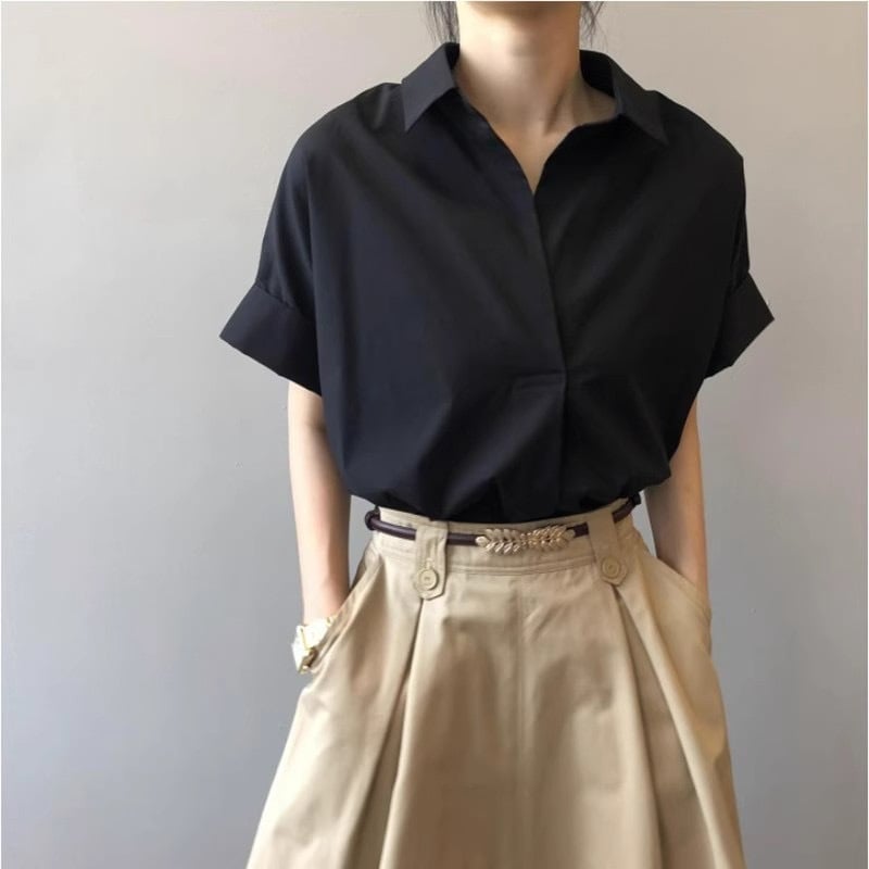 Košula s kratkim rukavima od poliestera, V-izrez, pulover stil, ležerni japansko-korejski stil