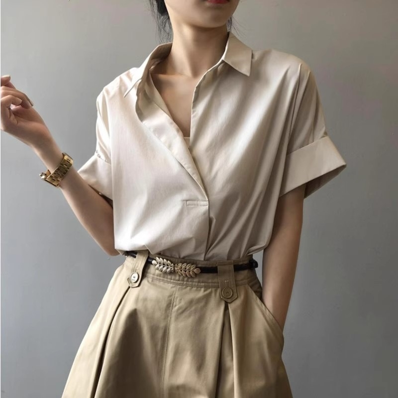 Košula s kratkim rukavima od poliestera, V-izrez, pulover stil, ležerni japansko-korejski stil