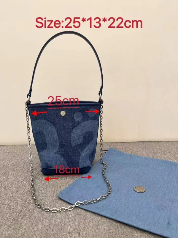 Denim bucket torba, oblik bucket, podstava od platna, ljeto 2025