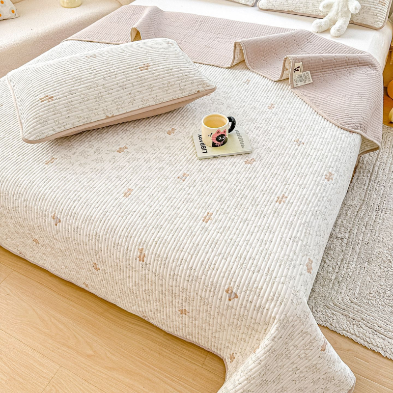 Cuvertură de pat din bumbac dublu strat, quilted, stil tatami, imprimare reactive, set de trei piese