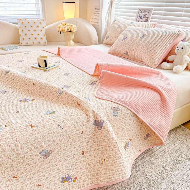 Cuvertură de pat din bumbac dublu strat, quilted, stil tatami, imprimare reactive, set de trei piese