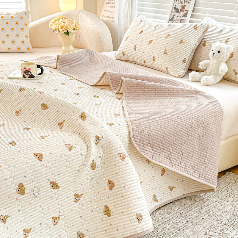 Cuvertură de pat din bumbac dublu strat, quilted, stil tatami, imprimare reactive, set de trei piese