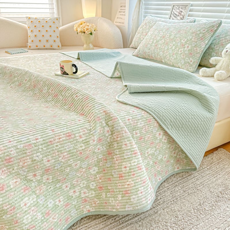 Cuvertură de pat din bumbac dublu strat, quilted, stil tatami, imprimare reactive, set de trei piese