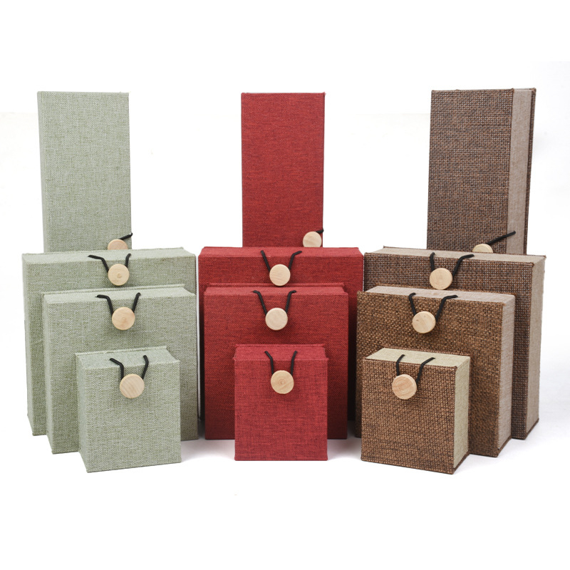 Ξύλινο κουτί αποθήκευσης κοσμημάτων από λινό ύφασμα με αγκράφα, για βραχιόλια, κολιέ και μενταγιόν