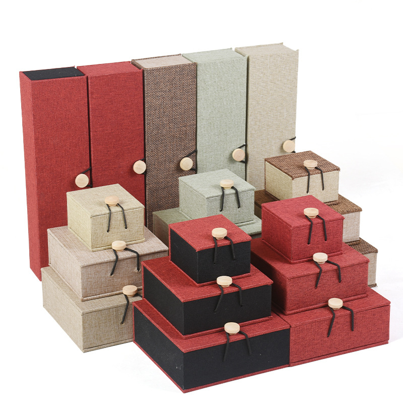 Ξύλινο κουτί αποθήκευσης κοσμημάτων από λινό ύφασμα με αγκράφα, για βραχιόλια, κολιέ και μενταγιόν