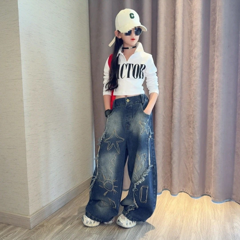 Két darabos Corduroy szett lányoknak, hosszú ujjú, betűs mintázat, koreai változat, 2025 tavasz