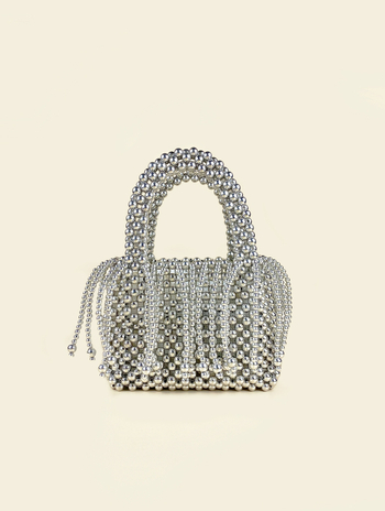 Bucket torba s resicama, ručno pletena perla od akrila, kvadratnog oblika, gradski stil