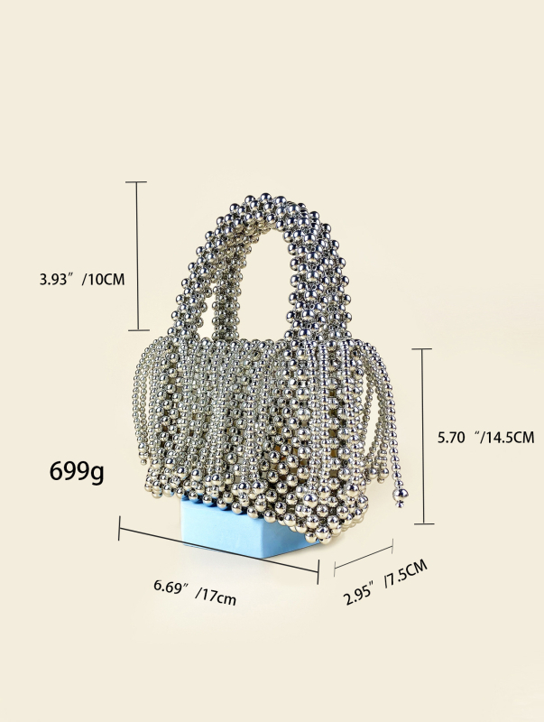Bucket torba s resicama, ručno pletena perla od akrila, kvadratnog oblika, gradski stil