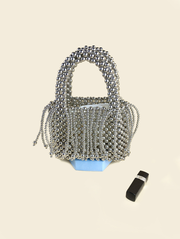 Bucket torba s resicama, ručno pletena perla od akrila, kvadratnog oblika, gradski stil
